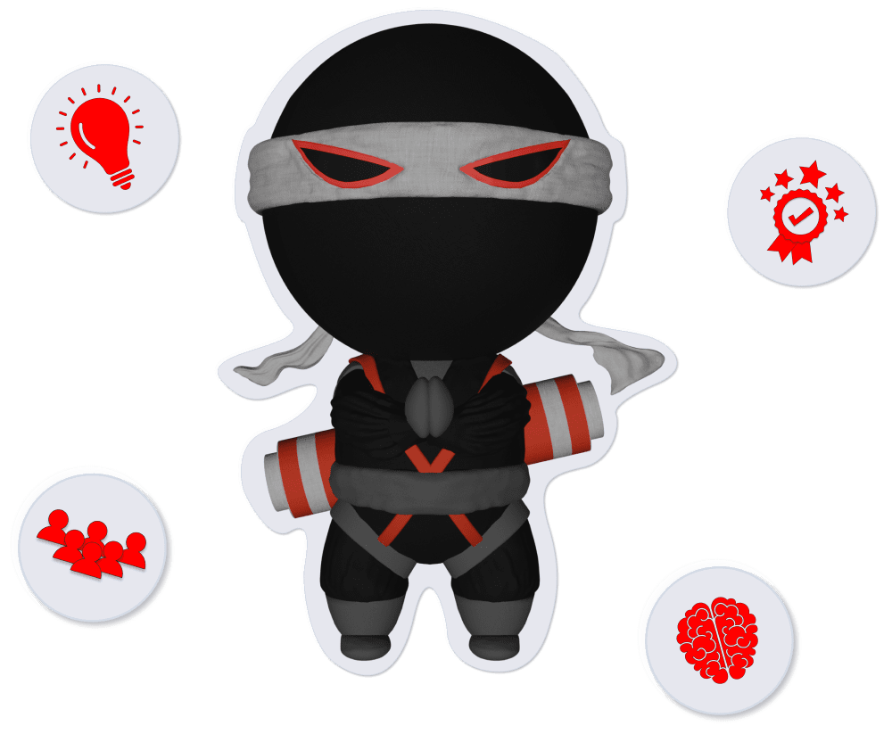 QA Ninjas mascot with scrolls surrounded by innovation and teamwork icons.
