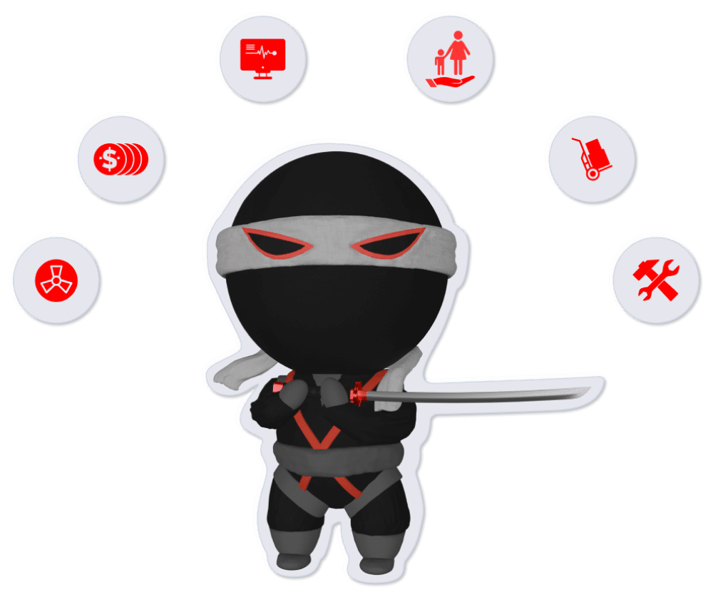 QA Ninjas mascot with sword surrounded by software testing icons.